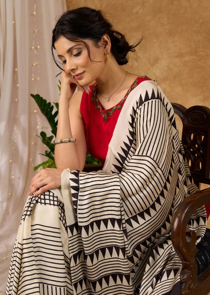 Off White Pure Modal Silk Hand Block Printed Striped Saree