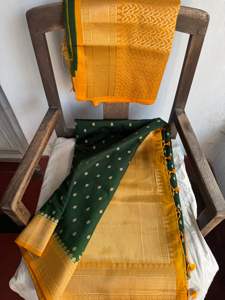 Forest Green and Yellow Soft Tussar Silk Saree