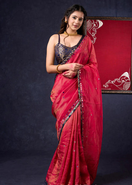 Tissue Saree with all-over mirror work with Banarasi Border