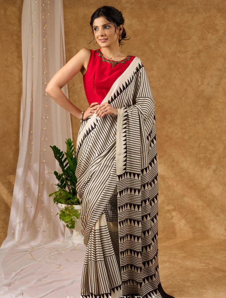 Off White Pure Modal Silk Hand Block Printed Striped Saree