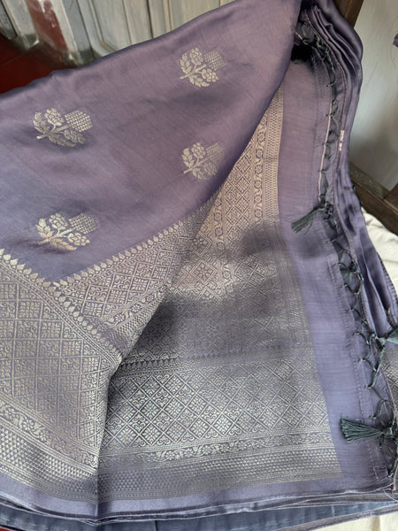 Lavender and Silver Mashru Soft Silk Saree