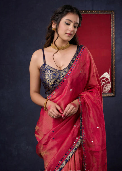 Tissue Saree with all-over mirror work with Banarasi Border