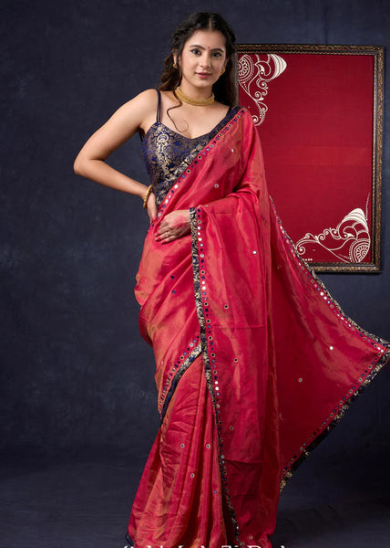 Tissue Saree with all-over mirror work with Banarasi Border