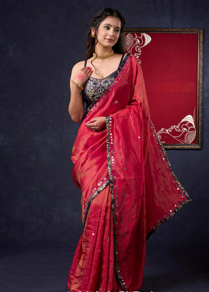 Tissue Saree with all-over mirror work with Banarasi Border