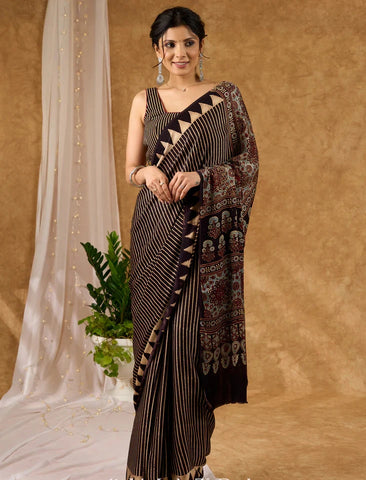 Black Striped Ajrakh Block Printed Modal Silk Black Saree