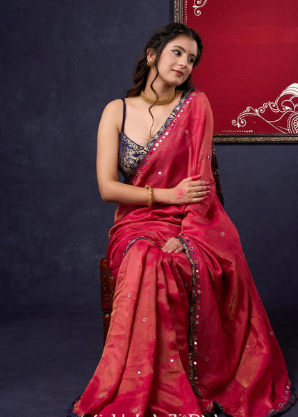 Tissue Saree with all-over mirror work with Banarasi Border