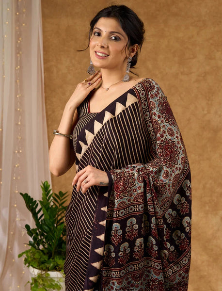 Black Striped Ajrakh Block Printed Modal Silk Black Saree