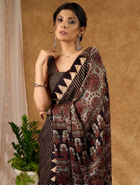 Black Striped Ajrakh Block Printed Modal Silk Black Saree