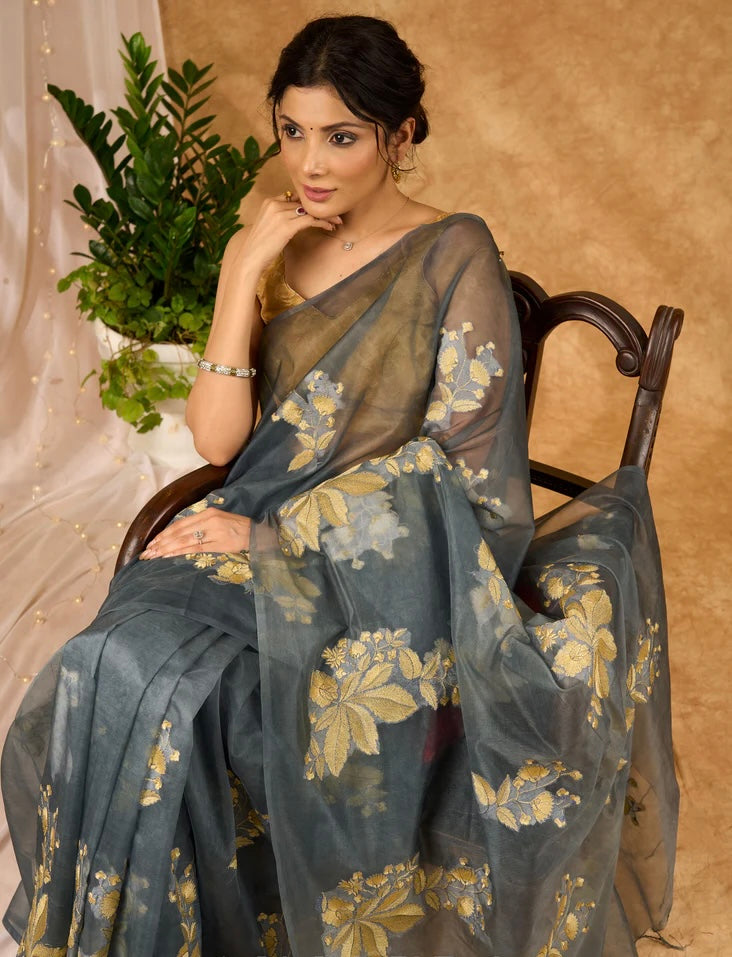 Grey Kota Organza Saree With Embroidered Motifs All Over