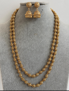 Double Layered Gold Matar Mala Necklace Strand with Earrings