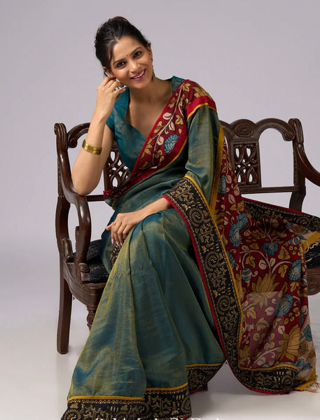 Green Shaded Tissue saree with Hand Painted Kalamkari pallu