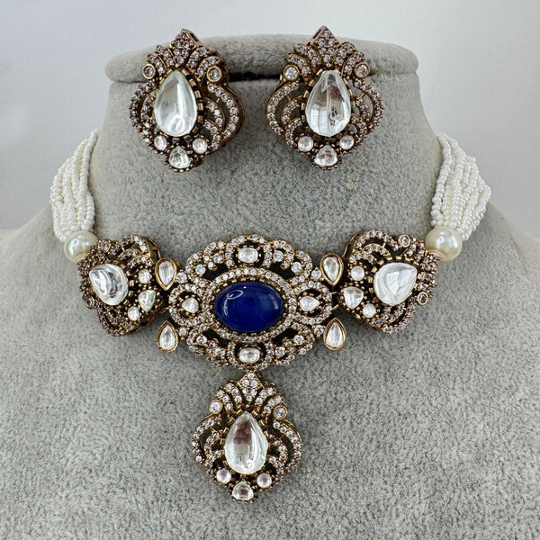 Blue Victorian Sabyasachi-inspired Moissanite Polki Kundan choker Necklace Set