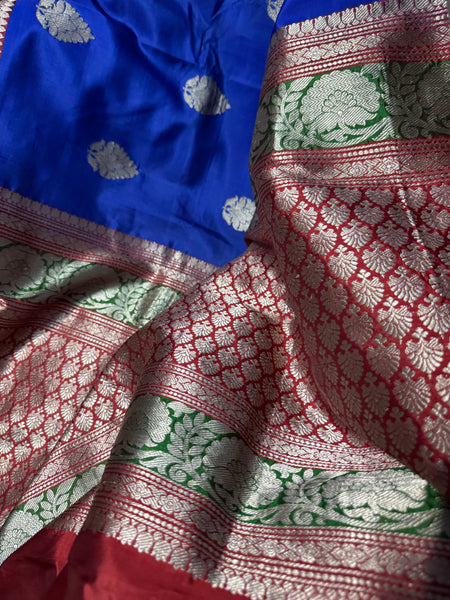 Pure Katan Silk Handloom Saree in Royal Blue and Red