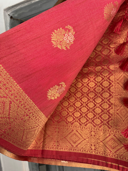 Coral Pink and Dual Tone Tussar Silk Saree