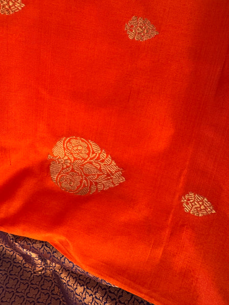 Pure Katan Silk Handloom Saree in Orange and Royal Blue