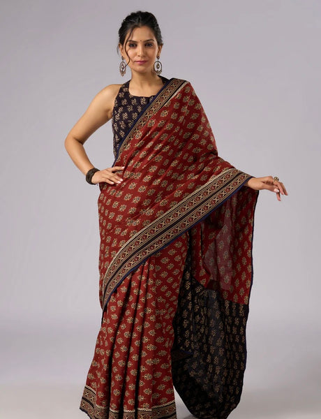 Brown Cotton Printed combination saree with Ajrakh border