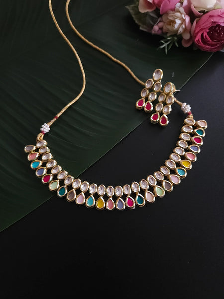 Multicolored Pearl Beaded Kundan Choker and Earring Set