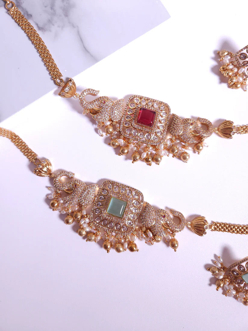 Goldplated Victorian choker necklace set with CZ stones