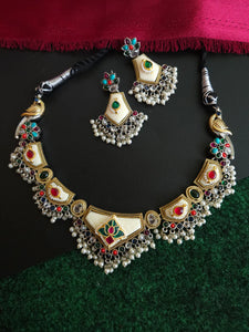 Designer Fusion Pearl Meenakari Jadau Kundan Necklace Set