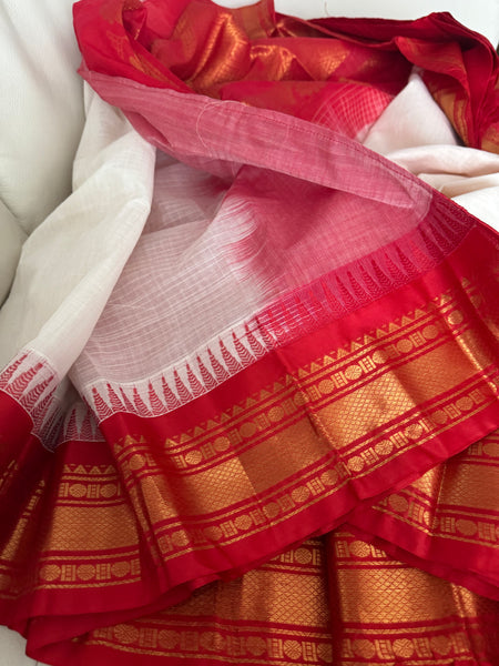 White and Red Cotton Gadhwal Saree