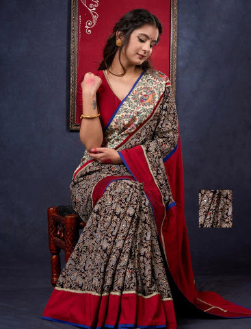 Cotton Ajrakh saree with Hand painted Madhubani Border