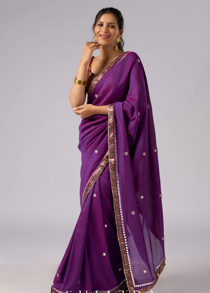 Vi]olet cotton two tone saree with hand embroidery and Benarasi border