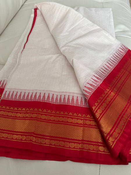 White and Red Cotton Gadhwal Saree