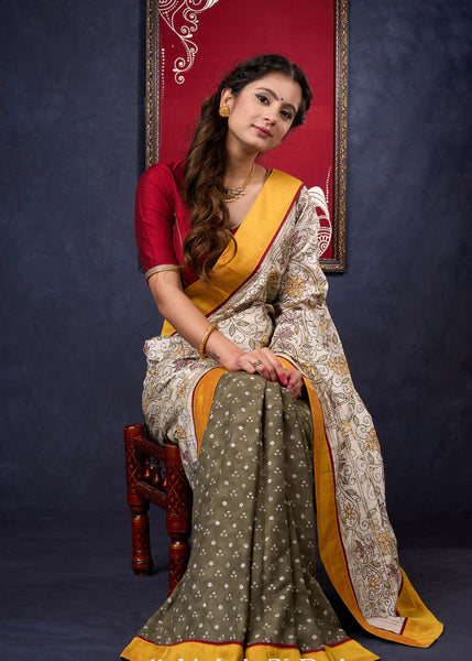 Olive Green Bandhani print Saree with Kantha work Pallu & Mustard Detailing