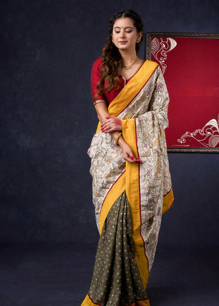 Olive Green Bandhani print Saree with Kantha work Pallu & Mustard Detailing