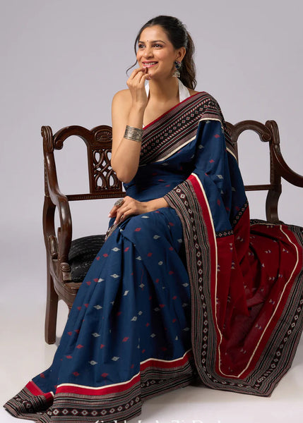 Blue & Maroon combination cotton saree with Ajrakh border