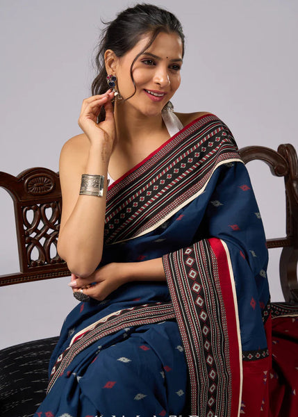 Blue & Maroon combination cotton saree with Ajrakh border