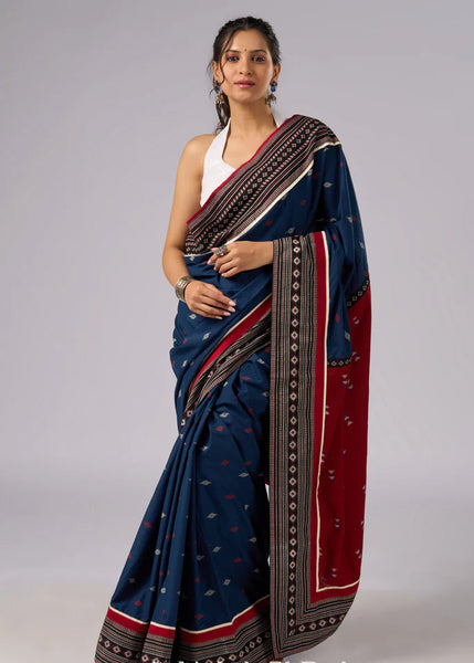 Blue & Maroon combination cotton saree with Ajrakh border