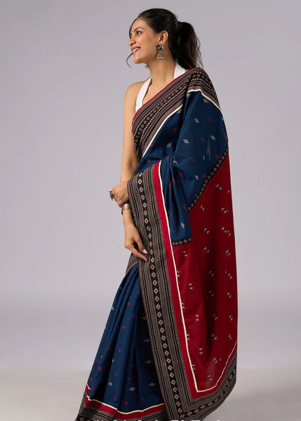 Blue & Maroon combination cotton saree with Ajrakh border