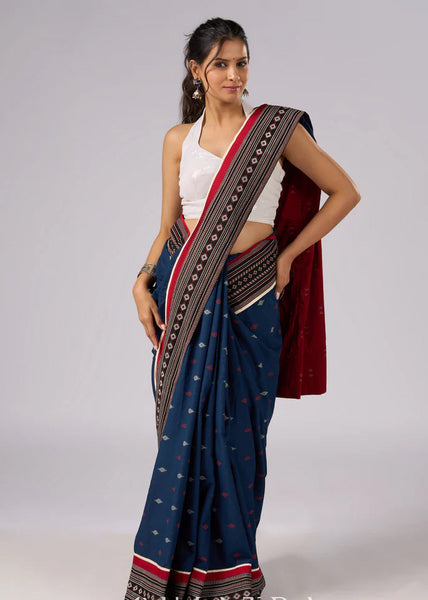 Blue & Maroon combination cotton saree with Ajrakh border