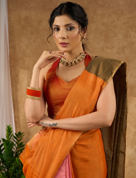 Orange & Pink Combination Pure Tissue Saree