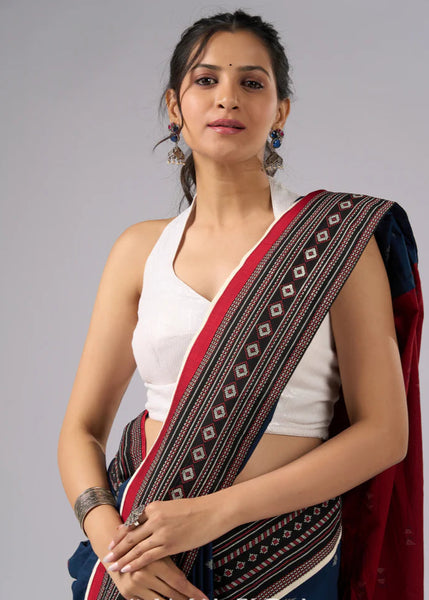 Blue & Maroon combination cotton saree with Ajrakh border