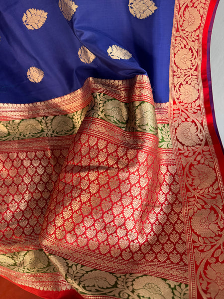 Pure Katan Silk Handloom Saree in Royal Blue and Red