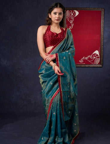 Iridescent Blue and Maroon Tissue Silk Saree