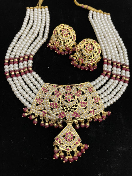 Navaratan Gold Plated Jaddau Necklace Set with Pearl White and Ruby Jadau