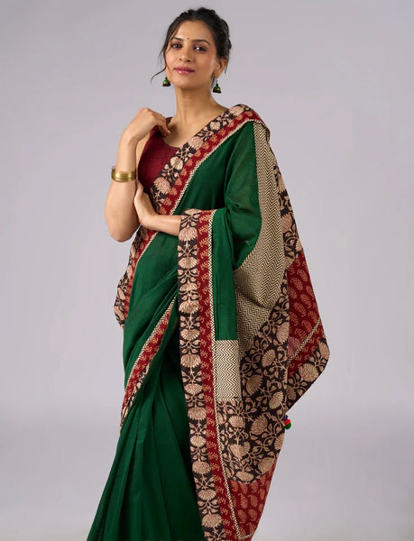 GREEN COTTON SAREE WITH BEIGE AND RED FLORAL AJRAKH ACCENTS