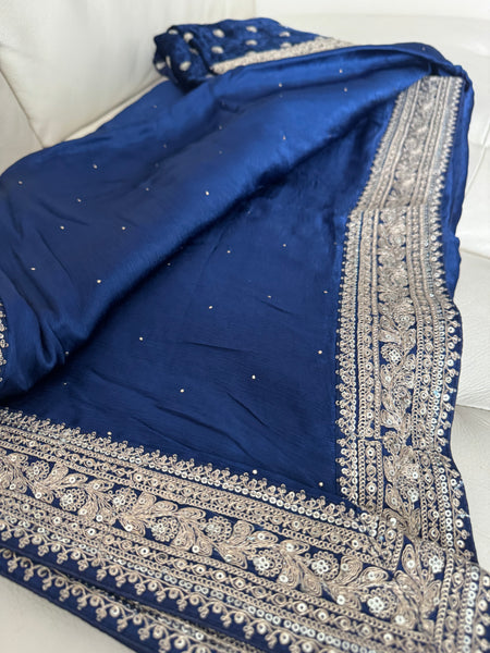 Deep Midnight Blue Satin Mukesh Work Saree with Antique Zari Embroidery