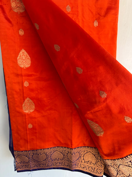 Pure Katan Silk Handloom Saree in Orange and Royal Blue