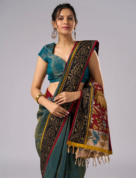 Green Shaded Tissue saree with Hand Painted Kalamkari pallu