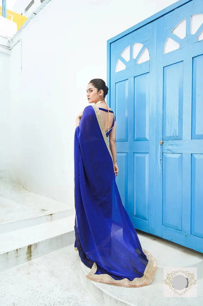 Royal Blue Crushed Shimmer Satin Silk Saree