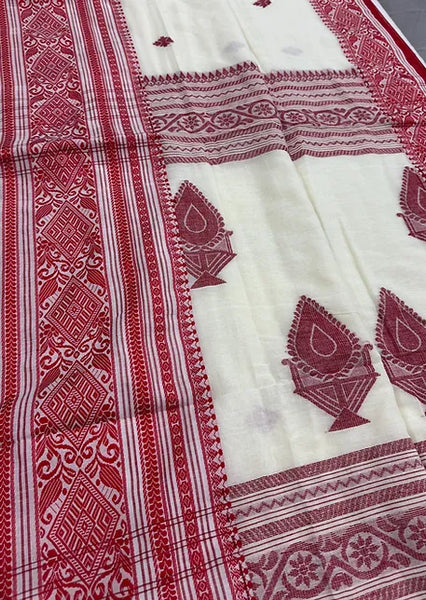 Bengali Soft Cotton Saree in Off White and Red with Nakshi Border