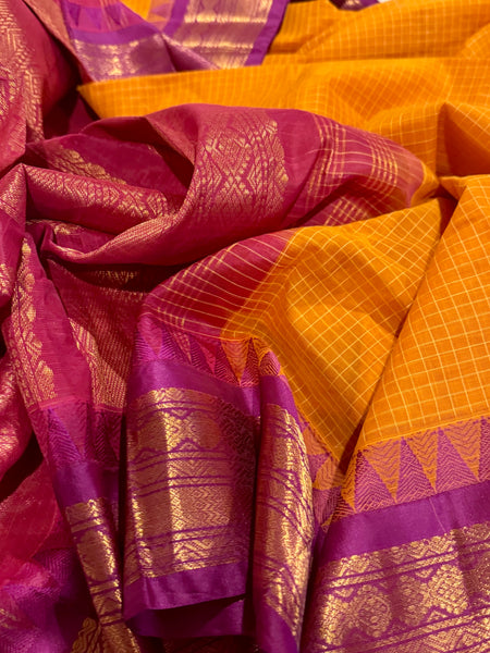 Pure Cotton Orange and Purple Magenta Gadwal Saree