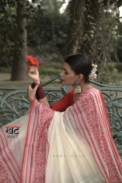 White and Red Handloom Cotton Tussar Saree