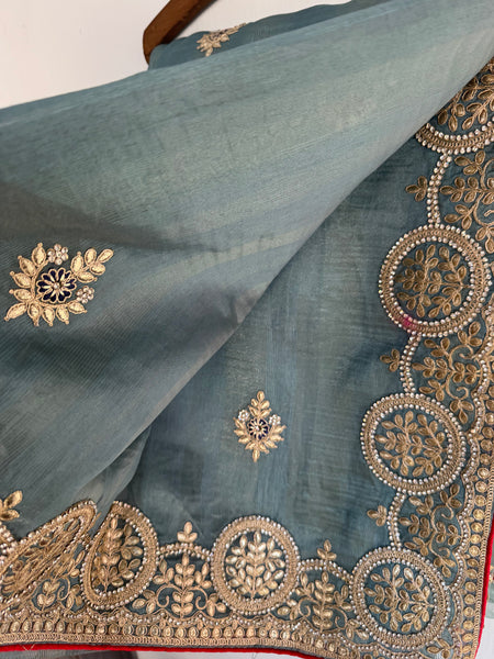 Sku Blue Tissue Chanderi Silk Saree