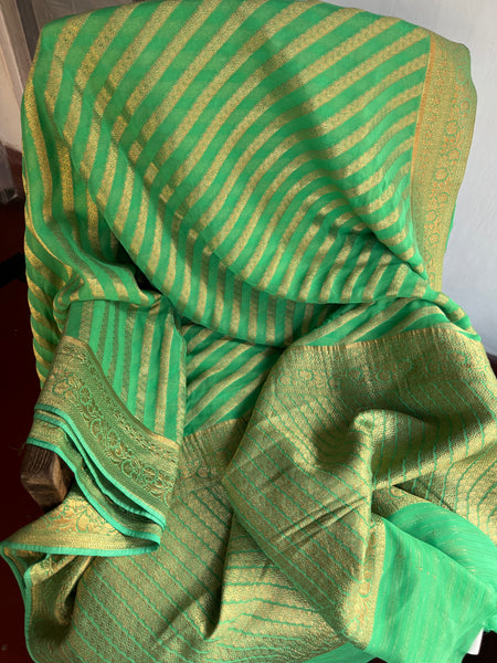 Pastel Green and Gold Pure Khaddi Chiffon Saree