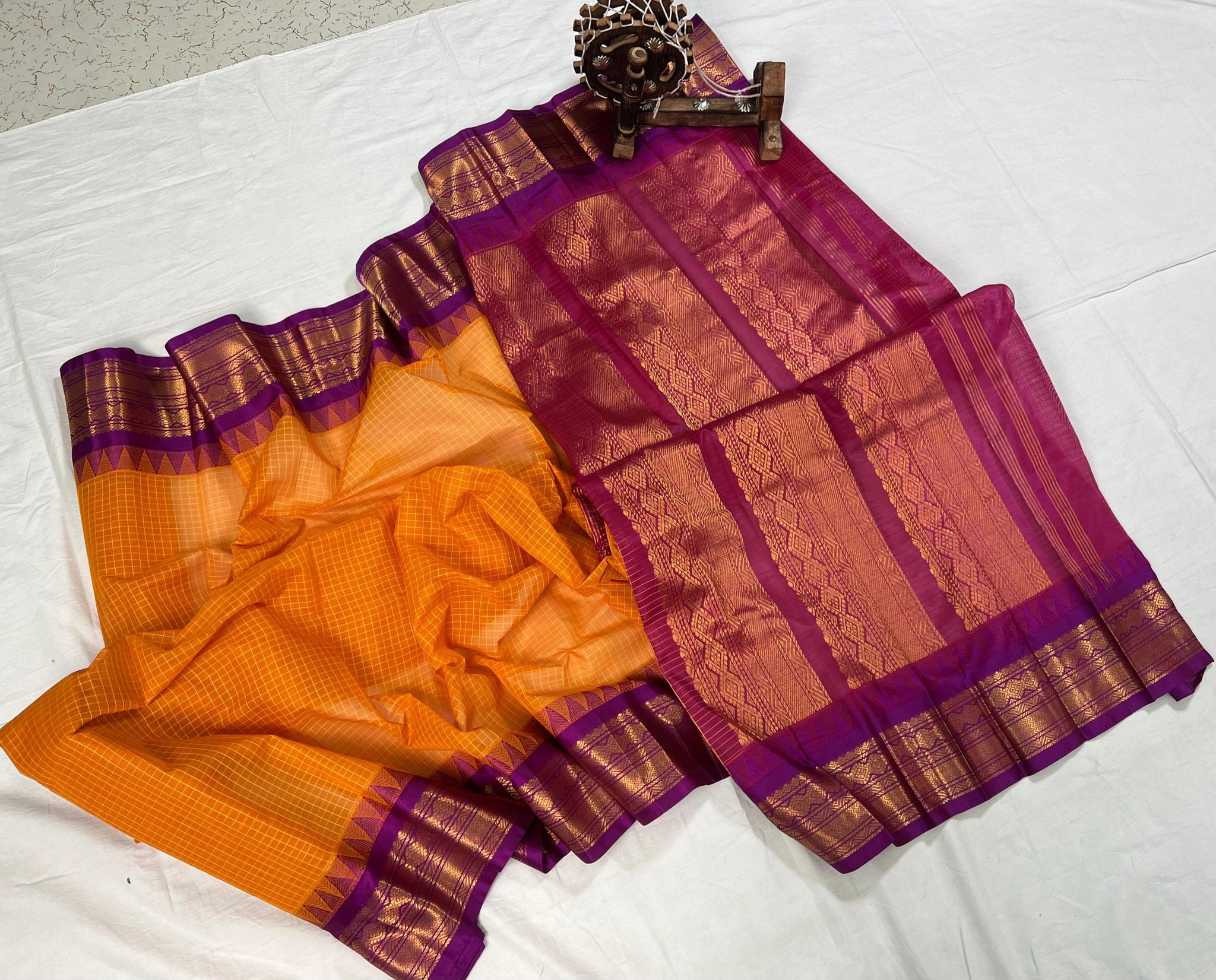 Pure Cotton Orange and Purple Magenta Gadwal Saree